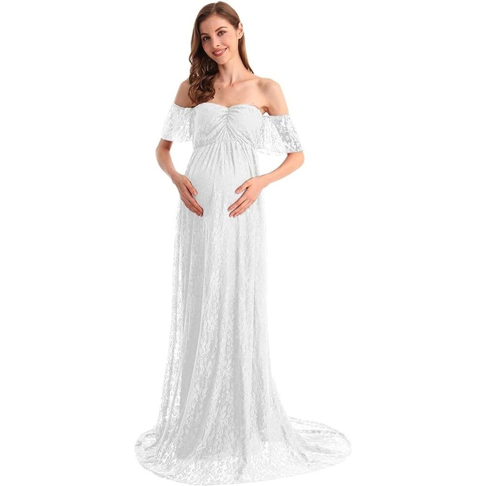 Bohemian Lace Maternity Wedding Dress Off-Shoulder Photo Shoot Gown Sz S